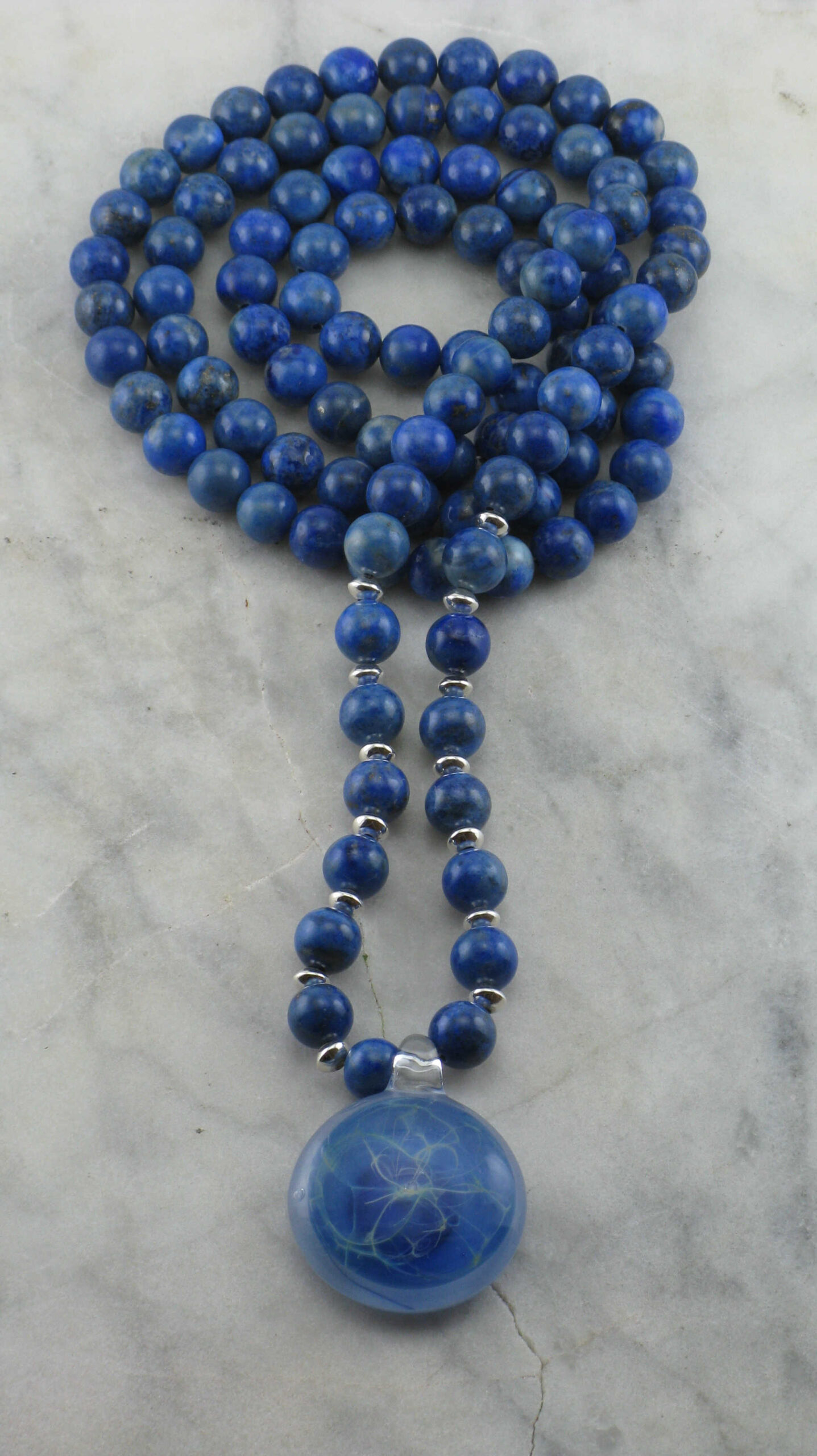 #044 Lotus Flower Om Blue Mala BLUE LAPIS Mala Bead Necklace with Sterling Silver OM Charm Meditation Necklace Yoga Inspired Jewelry