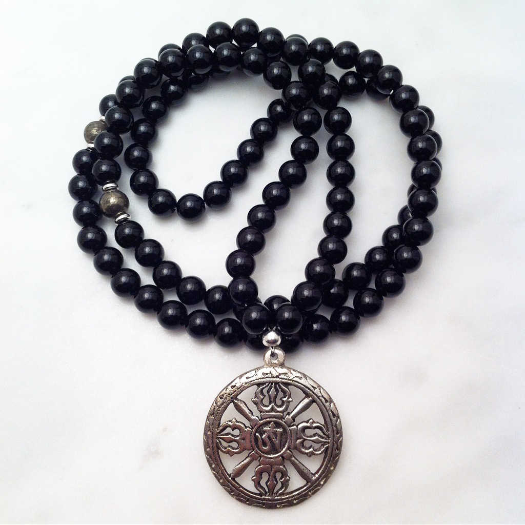 Mala necklaces 108 mala beads with sacred symbols Salt Spring Malas