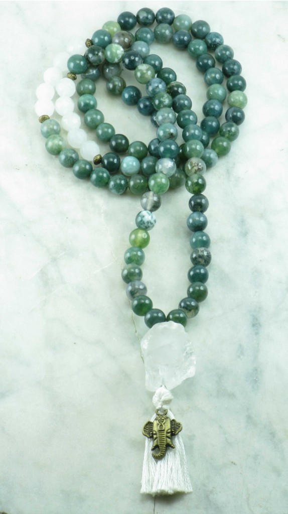 Green Jade Agate Mala 108 Beads for Meditation with Handmade Silk Bag