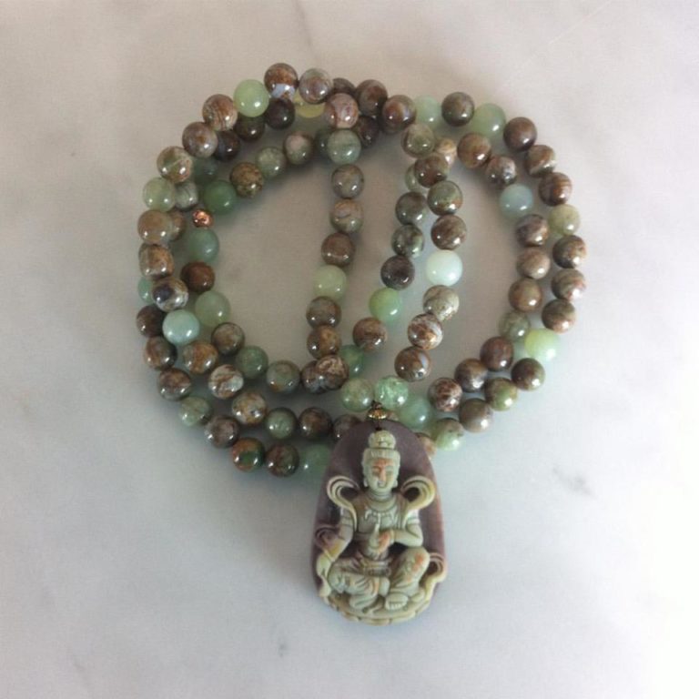 Mala Beads Green Kwan Yin | 108 kyanite, picture jasper, jade mala beads