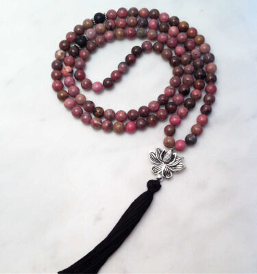 rhodonite mala beads with lotus