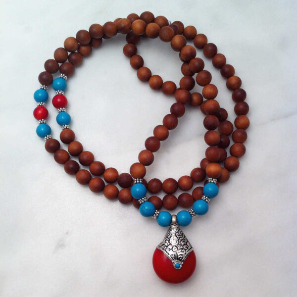 Sandalwood Mala Necklace with Tibetan Amulet