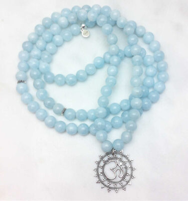 Aquamarine Mala Necklace with OM