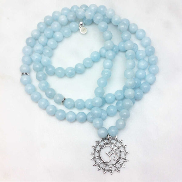 Aquamarine Mala Necklace with OM